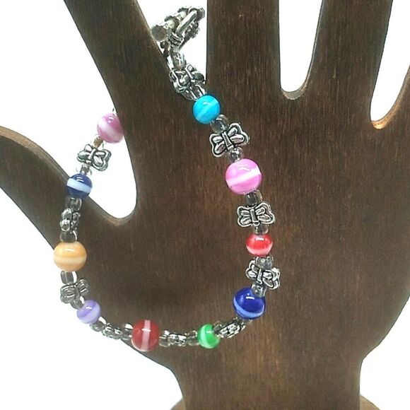 Colorful Rainbow Glass Beaded Toggle Bracelet-Anklet w Silver-tone Butterflies - Picture 2 of 15